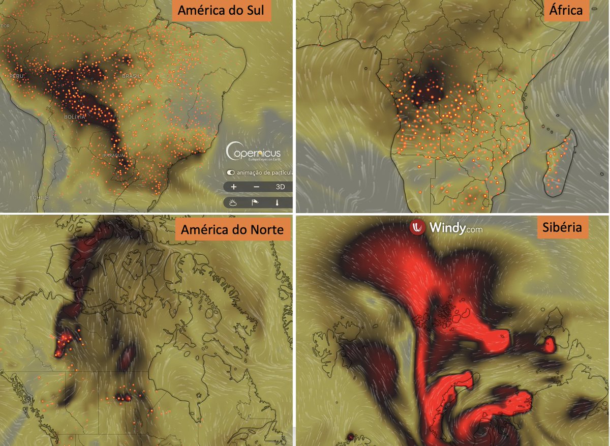 Bem-vindo ao “Piroceno”, quando a queima de petróleo, gás fóssil e carvão moldam o mundo pelo fogo. 

(👇🏽as figuras mostram as concentrações de hoje na atmosfera de monóxido de carbono (CO), indicador de incêndios florestais; quanto mais vermelho, maior a concentração)