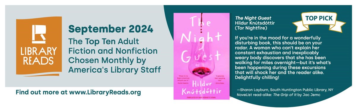 American Library staff chose The Night Guest by 🇮🇸 author @hildurknuts as their top pick for Adult Fiction &amp; Nonfiction to read in September! Hildur will participate in a Nordic event <a href="/librarycongress/">Library of Congress</a> in Washington DC in September. More info to follow 👀📚