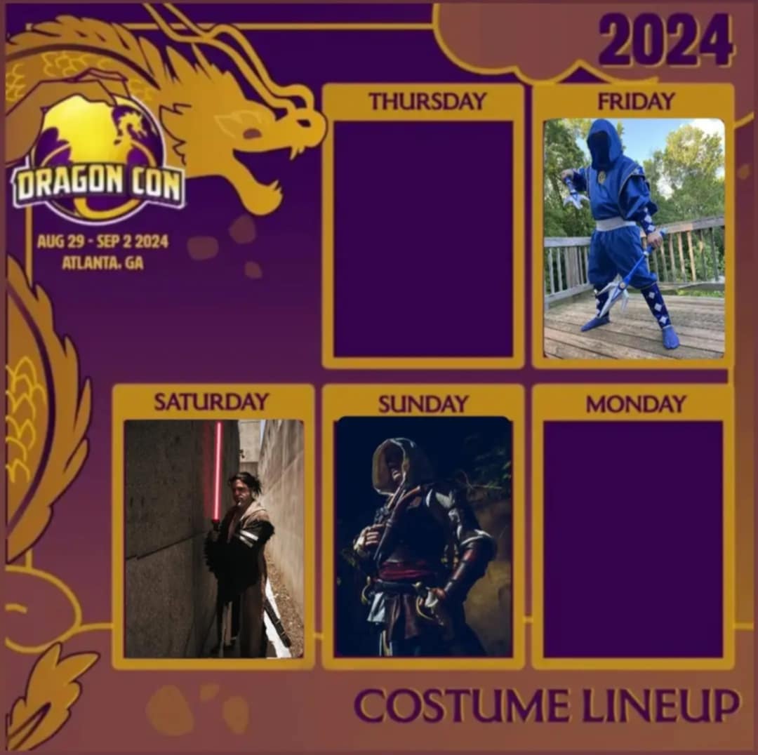 solarwolfcospla's tweet photo. Hey, is my @dragoncon 2024 lineup! I can't wait to see everyone!
.
Thanks to @chrissie_forlie for helping me put this photo together.
.
#dragoncon #dragoncon2024 #dragonconlineup #dragonconlineup2024   #atlantacosplay #atlantacosplayer #atlantacosplayers #solarwolfcosplay https://t.co/mdrLbnlzVV