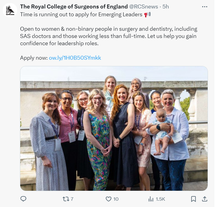 lmm1874's tweet photo. The Royal College of Surgeons doesn't like women much!

Only 15% of consultant surgeons are female. Their trainees reported harassment and misogyny as the norm.

But they are letting dudes in frocks take women's places on leadership courses. 

Nice!🙄 https://t.co/NRsbcx7vBs