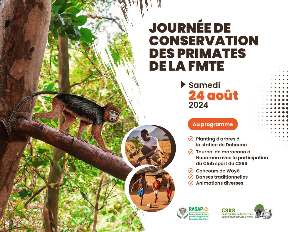 𝐉𝐨𝐮𝐫𝐧𝐞́𝐞 𝐝𝐞 𝐜𝐨𝐧𝐬𝐞𝐫𝐯𝐚𝐭𝐢𝐨𝐧 𝐝𝐞𝐬 𝐏𝐫𝐢𝐦𝐚𝐭𝐞𝐬 𝐝𝐞 𝐥𝐚 𝐅𝐌𝐓𝐄

Ce samedi 24 août 2024, rejoignez-nous à la FMTE pour 1 planting d'arbres à la station de Dohouan, 1 tournoi de maracana à Nouamou avec la participation du Club sport du <a href="/CSRS_CIV/">CSRS Côte d'Ivoire</a>...