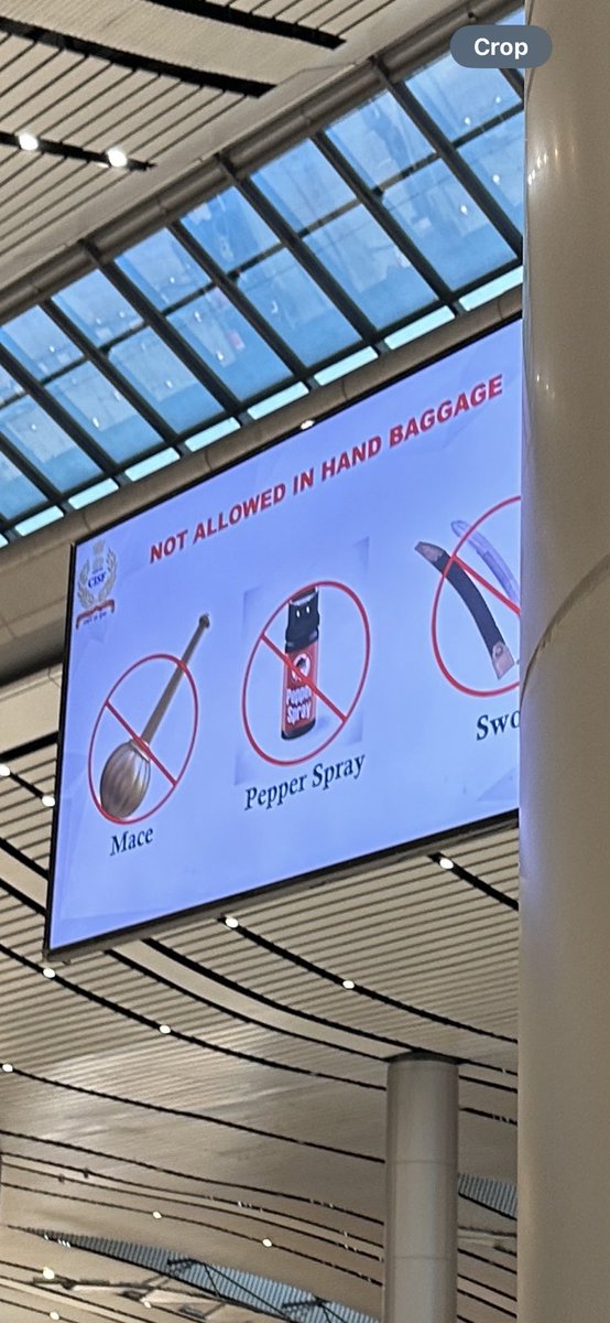 Not allowed! On Indian planes in hand baggage. Coconuts (!!!), packing tape (!!), mace (gadaa, the weapon,
not the spray!). 🤭

(At Hyderabad airport today)
