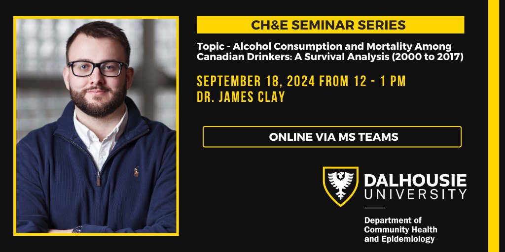 Join us on September 18th from 12 - 1 pm ADT for Dr. James Clay (<a href="/jamesmclay/">James Clay, PhD</a>) CH&amp;E Seminar, link to join: events.dal.ca/event/3365-cha… <a href="/DalMedSchool/">DalMedSchool</a> @uvic_cisur