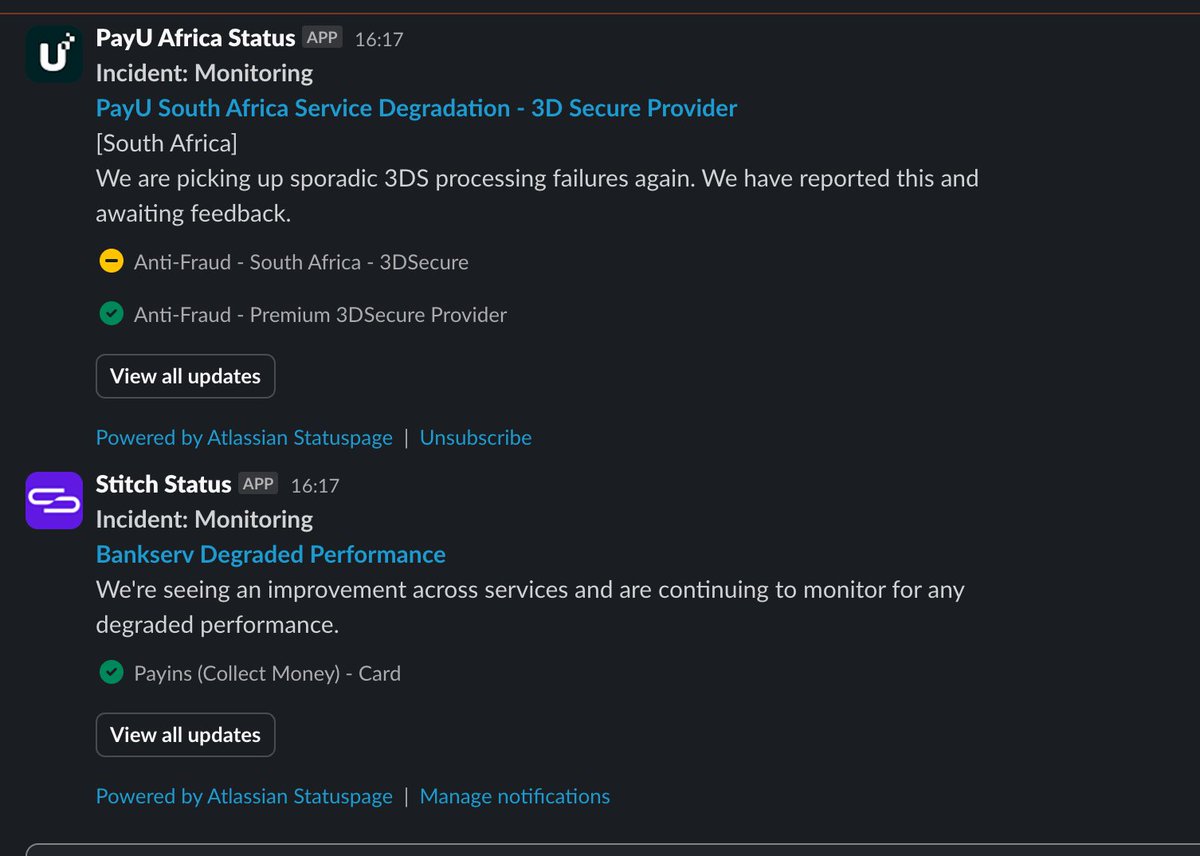 This is SA's payment landscape in 2024. The incumbent (PayU) only report BankServ being degraded 25-30min into the incident.

In that time <a href="/stitchmoneyhq/">Stitch</a>:
- Updated their status page acknowledging the incident at 15:58
- Started seeing BankServ recover at 16:17.