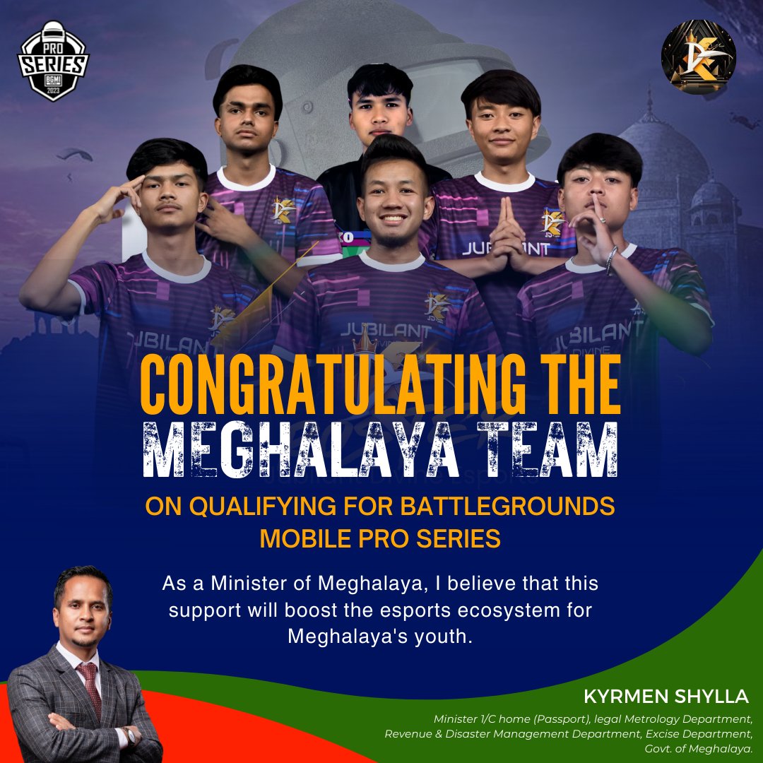 🏆 Congratulations to the Meghalaya Team for qualifying for the Battlegrounds Mobile Pro Series! 🎮 Your hard work and dedication have brought pride to our state.
Let’s continue to support and uplift our youth as they achieve new heights! 🚀 #MeghalayaPride #Esports #BMPS