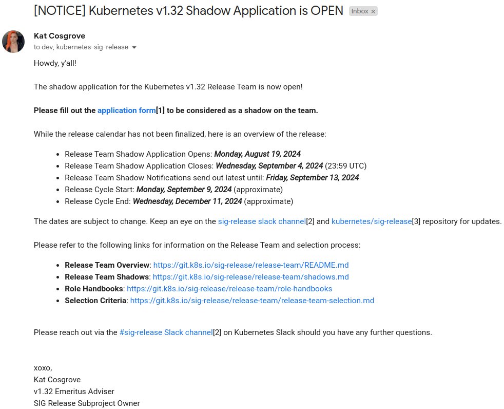 The #Kubernetes Release Team Shadow application for v1.32 is now open!

Apply now and be a part of the journey!

Application Form: docs.google.com/forms/d/e/1FAI…