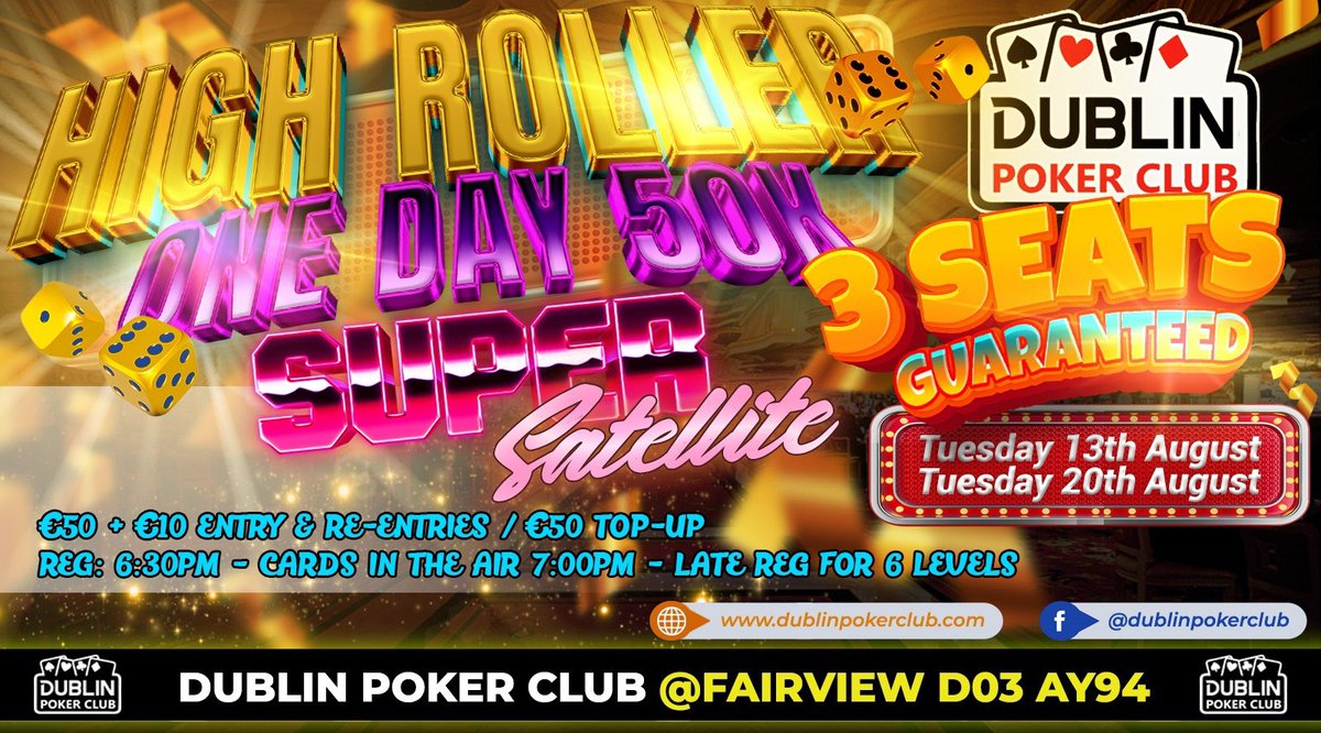 dublinpokerclub's tweet photo. It’s Satellite time!!

3 x €1,100 tickets to our “One Day 50k High Roller” GUARANTEED this evening, this could be your chance to get involved and bag yourself a €1,100 ticket and the chance to win the high roller. 

Registration is open from 6:30pm with cards in the air at 7pm https://t.co/6ehFS2M6Fh