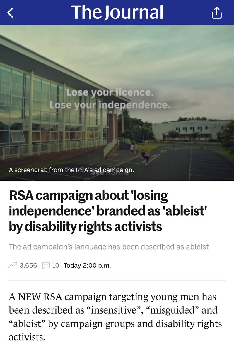 “RSA campaign about 'losing independence' branded as 'ableist' by disability rights activists.”

‘Non-profit disability activists Access For All Ireland said in a lot of cases a car is the only option for people with disabilities “due to bad infrastructure and the lack of