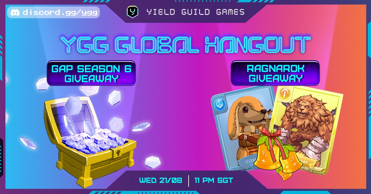 YieldGuild's tweet photo. 🌍🎉 Join us for the YGG Global Hangout this Wed 21/08 - 11 PM SGT! Don’t miss out on our exciting events:

🎁 Season S6 Giveaway Announcement
⚔️ Ragnarok Monster World NFT Giveaway 

Mark your calendars and be part of the fun! 🥳 https://t.co/WAZXt6XZIY

#YGG #Giveaway #GAPS6 https://t.co/dIVhenT14F