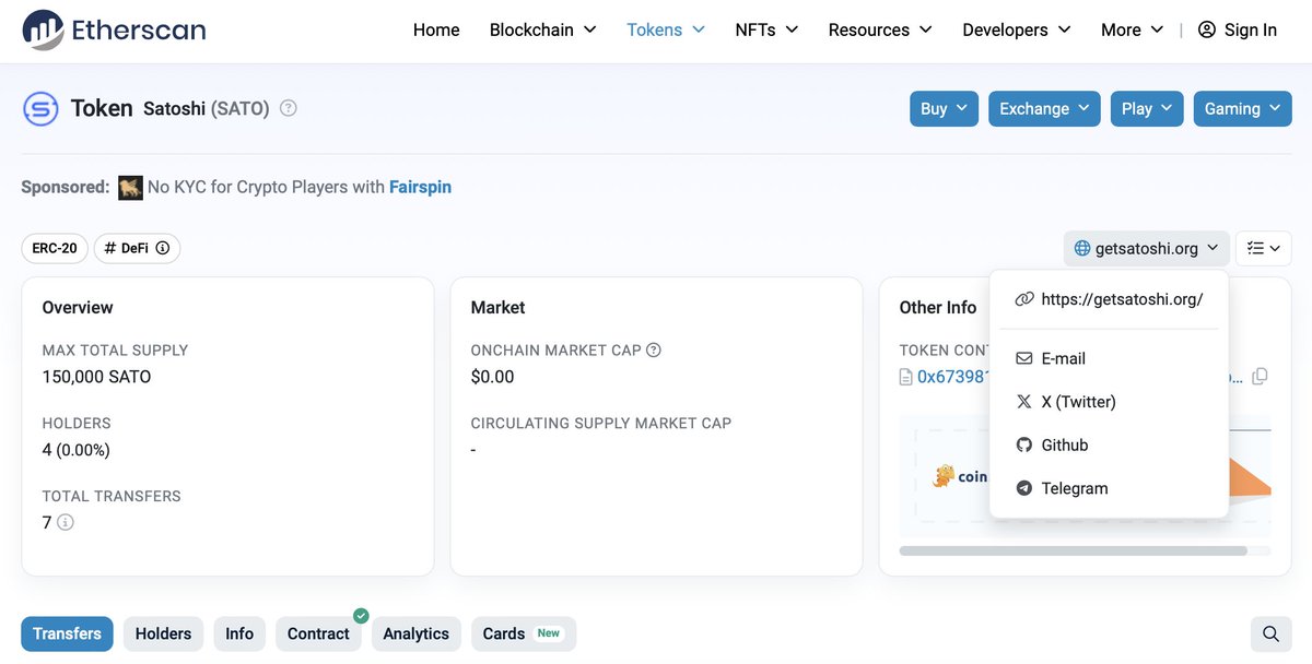 SatTokenized's tweet image. The official Satoshi (SATO) token info is now live on @etherscan, complete with our logo and all official communication channels: email, website, X (Twitter), and Telegram. We&apos;re committed to enhancing our token&apos;s reputation and are gearing up for our first smart contract audit.…