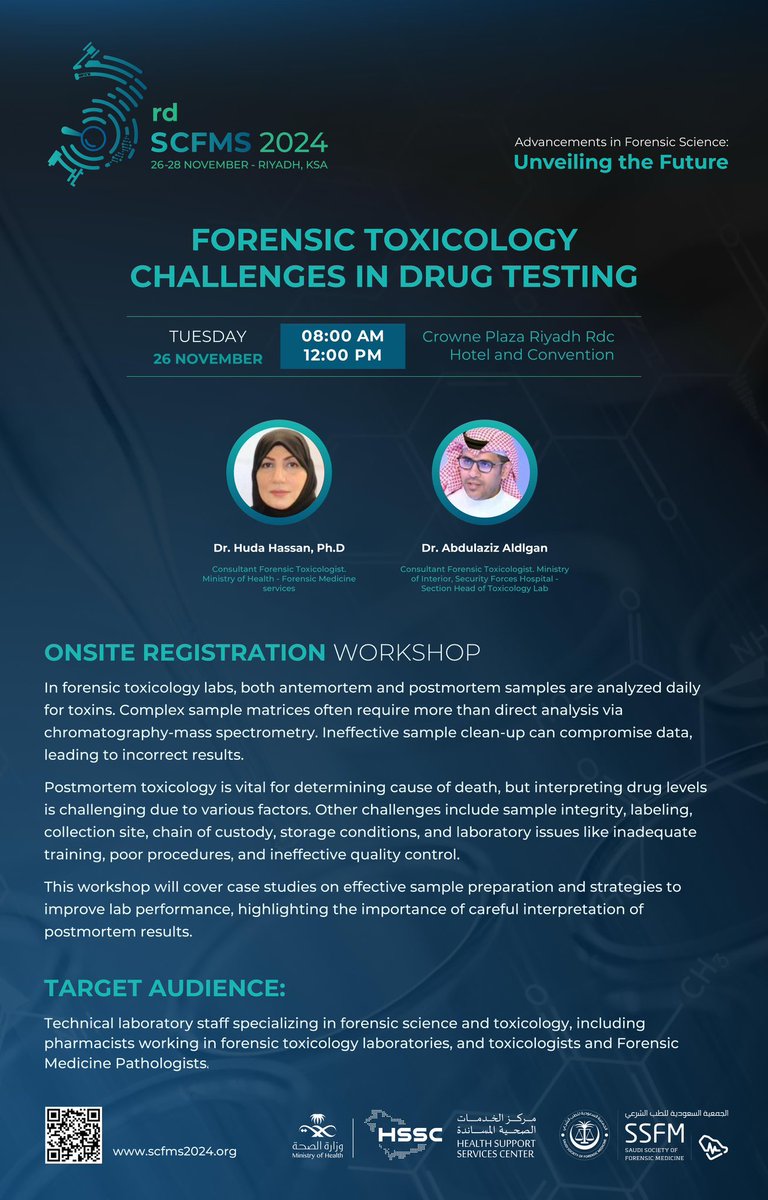 SaudiForensic's tweet photo. 📢 **Join Us for an Insightful Workshop!**
  
We are thrilled to announce the "Forensic Toxicology: Advances in Drug Testing" workshop on November 26, 2024. This event will delve into the latest advancements and techniques in forensic toxicology with hands-on learning opportunities and expert speakers.  

🔗 https://t.co/qAtzkr6tte  

#ForensicToxicology 
#DrugTesting
#ProfessionalDevelopment #ForensicScience
#Workshop2024