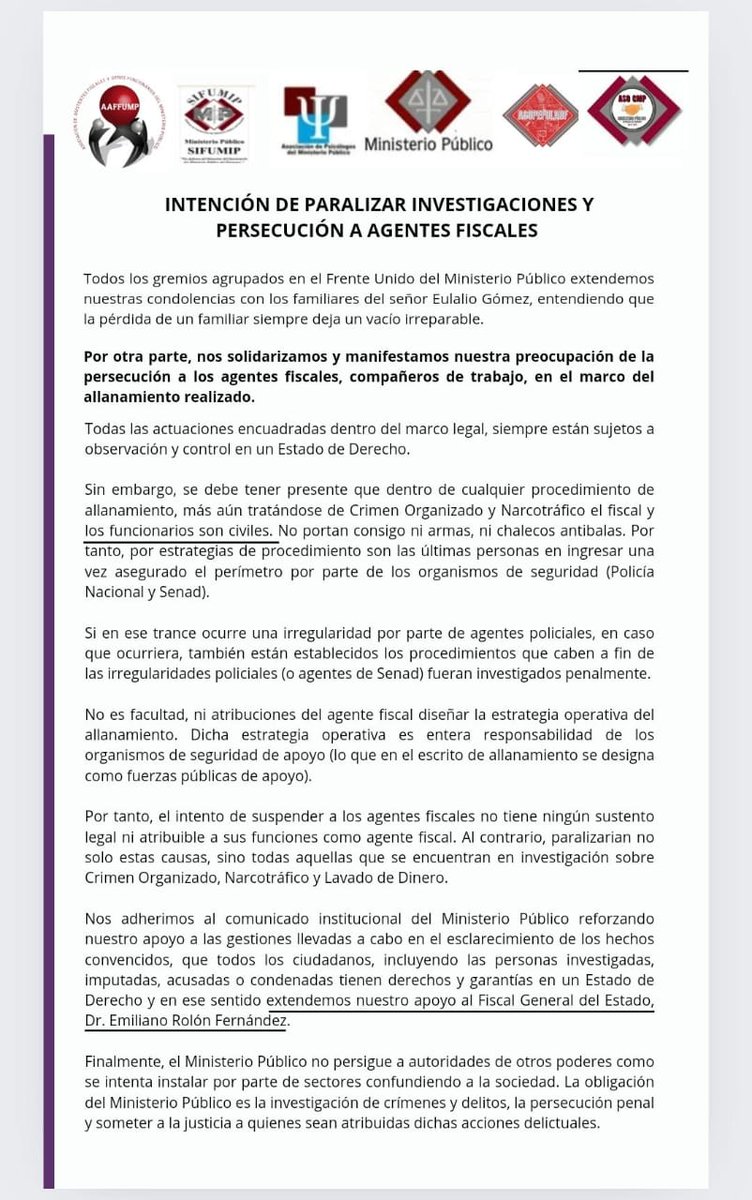 [LO ÚLTIMO]
Gremios del <a href="/MinPublicoPy/">Fiscalía Paraguay</a> preocupados por persecución a los agentes fiscales que trabajan en el operativo que derivó en la muerte del diputado Lalo Gomes.
