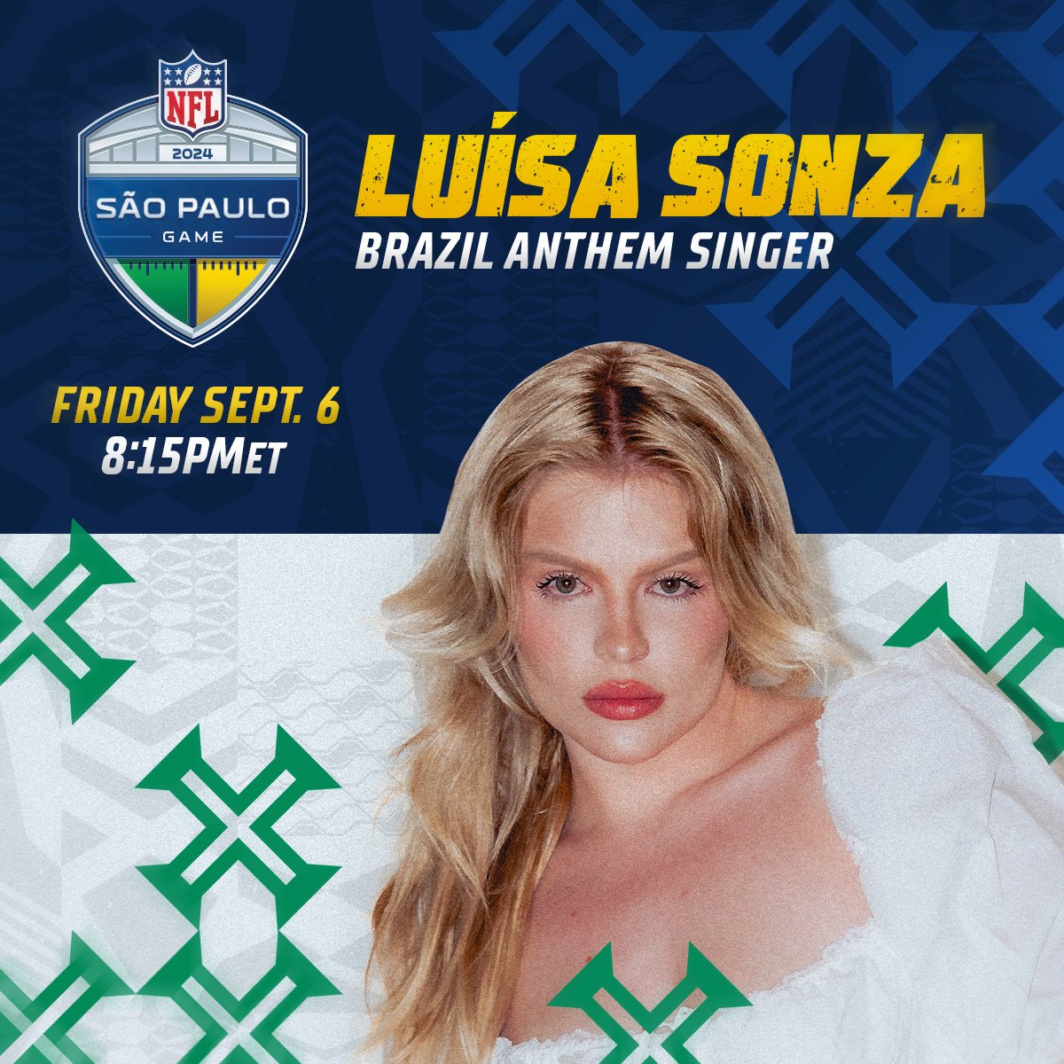 What other artists will join us for the first-ever regular season game in Brazil? 🧵

<a href="/luisasonza/">Luísa Sonza</a> will sing the Brazilian national anthem!

📺: #GBvsPHI - 9/6 on Peacock (8PM ET)
🇧🇷: CazéTV, ESPN, RedeTV, GamePass