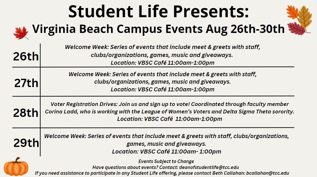 TccVaBeach's tweet photo. Here are the different student life events for each campus for the 1st week back!🍂 https://t.co/XfiZ5TBjhO