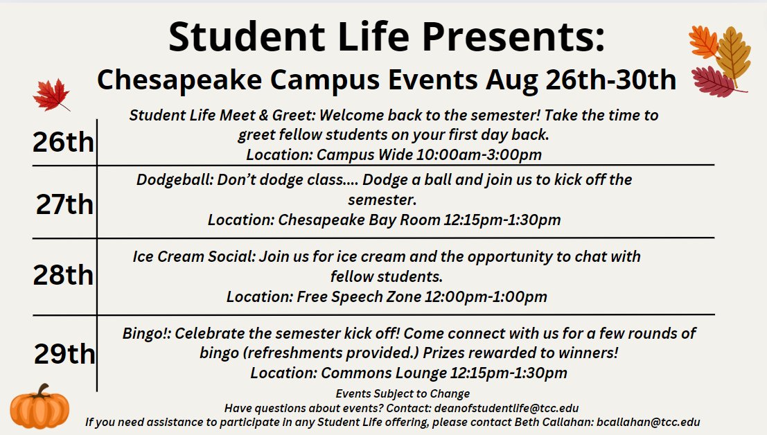 TccVaBeach's tweet photo. Here are the different student life events for each campus for the 1st week back!🍂 https://t.co/XfiZ5TBjhO
