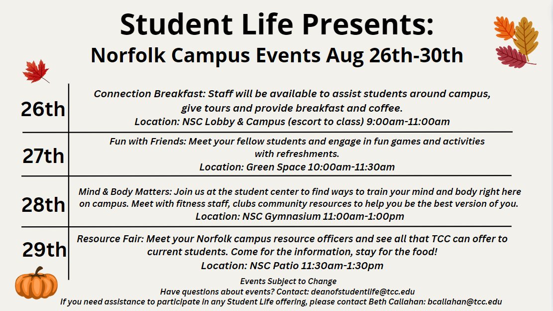 TccVaBeach's tweet photo. Here are the different student life events for each campus for the 1st week back!🍂 https://t.co/XfiZ5TBjhO