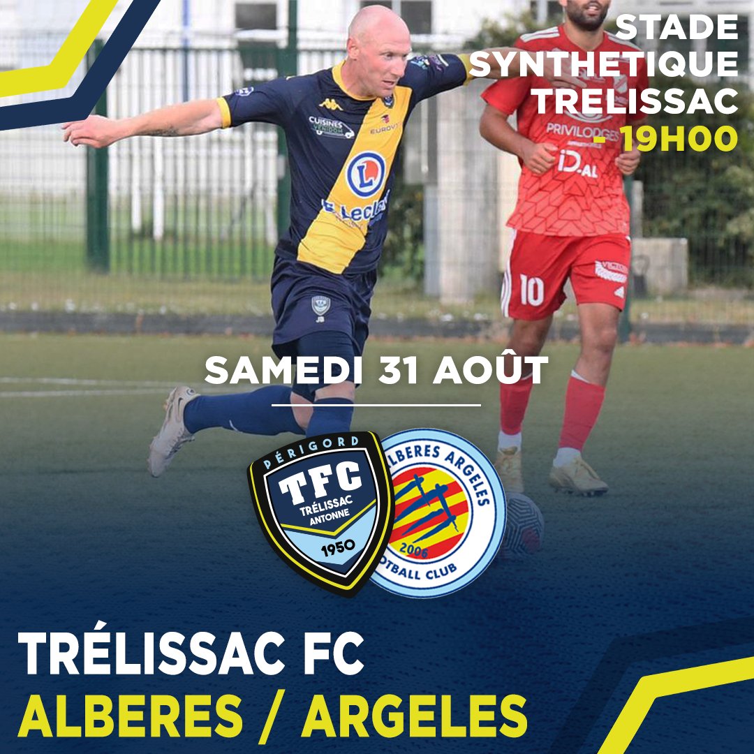 [JOURNÉE 2️⃣ #N3] - 𝗨𝗻𝗲 𝗽𝗿𝗲𝗺𝗶𝗲̀𝗿𝗲 𝗮̀ 𝗱𝗼𝗺𝗶𝗰𝗶𝗹𝗲 2️⃣4️⃣ - 2️⃣5️⃣

Nos bleus et jaunes auront à cœur de sortir victorieux du premier match à domicile de la nouvelle saison face à Alberes/Argelès !

📅 Samedi 31 Août
⌚️ 19h00
🏟 Stade Synthétique
📍 Trélissac, 24750