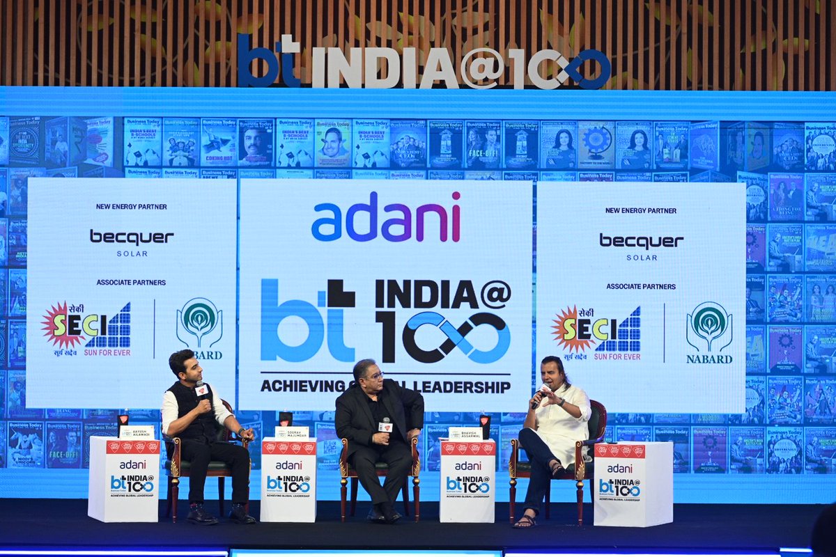 business_today's tweet photo. #BTIndiaAt100 - 📸 #InPics | Can India become an #AI powerhouse? @Olacabs Co-founder & CEO Bhavish Aggarwal (@bhash), who also founded the indigenous AI venture @Krutrim, shared key insights on India's AI journey and what it entailed in a conversation with @TheSouravM, Editor, Business Today, and @aayush_a6, Editor, Technology, Business Today, during the session 'The Rise of AI: Will India Board The Bus?' at @business_today's marquee event - #Adani BT #IndiaAt100 Summit.

Watch full session on #BTTV: https://t.co/IOhsv3K1Ye

Track event updates: https://t.co/nE4HarGLm9

#Mission2047WithBT | @AdaniOnline | @NABARDOnline | @MSDESkillIndia