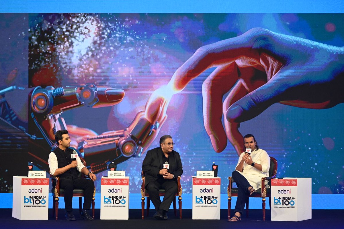 business_today's tweet photo. #BTIndiaAt100 - 📸 #InPics | Can India become an #AI powerhouse? @Olacabs Co-founder & CEO Bhavish Aggarwal (@bhash), who also founded the indigenous AI venture @Krutrim, shared key insights on India's AI journey and what it entailed in a conversation with @TheSouravM, Editor, Business Today, and @aayush_a6, Editor, Technology, Business Today, during the session 'The Rise of AI: Will India Board The Bus?' at @business_today's marquee event - #Adani BT #IndiaAt100 Summit.

Watch full session on #BTTV: https://t.co/IOhsv3K1Ye

Track event updates: https://t.co/nE4HarGLm9

#Mission2047WithBT | @AdaniOnline | @NABARDOnline | @MSDESkillIndia