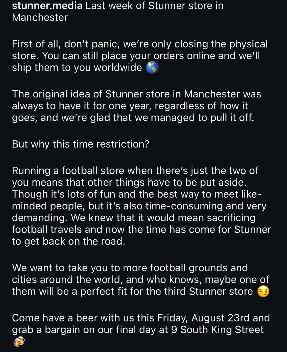 Sad news as Stunner announce they’re closing their Manchester store this week! 🥺😢

Any followers in Manchester who love retro shirts be sure to pop in before Friday when the physical shop will shut for a final time! 

Serge &amp; Polina are 2 of the best! 

9 South King Street ⚽️