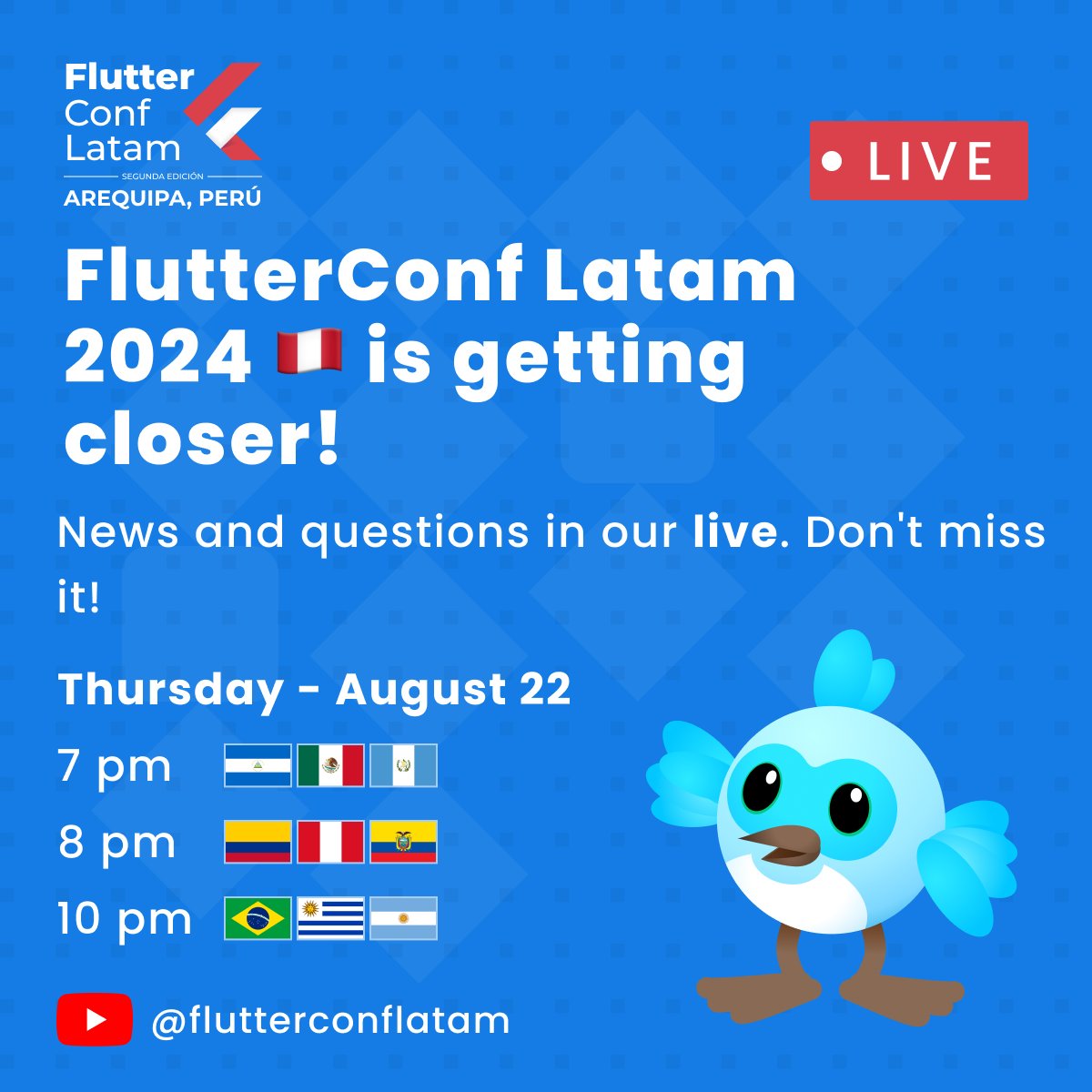 FlutterConfLAT's tweet photo. Find out about many new features and take part in our Q&amp;A round, on live! 🤓😎

See you this Thursday, August 22 👇
https://t.co/3DMVQ9dO2G https://t.co/imi8W8AEZl