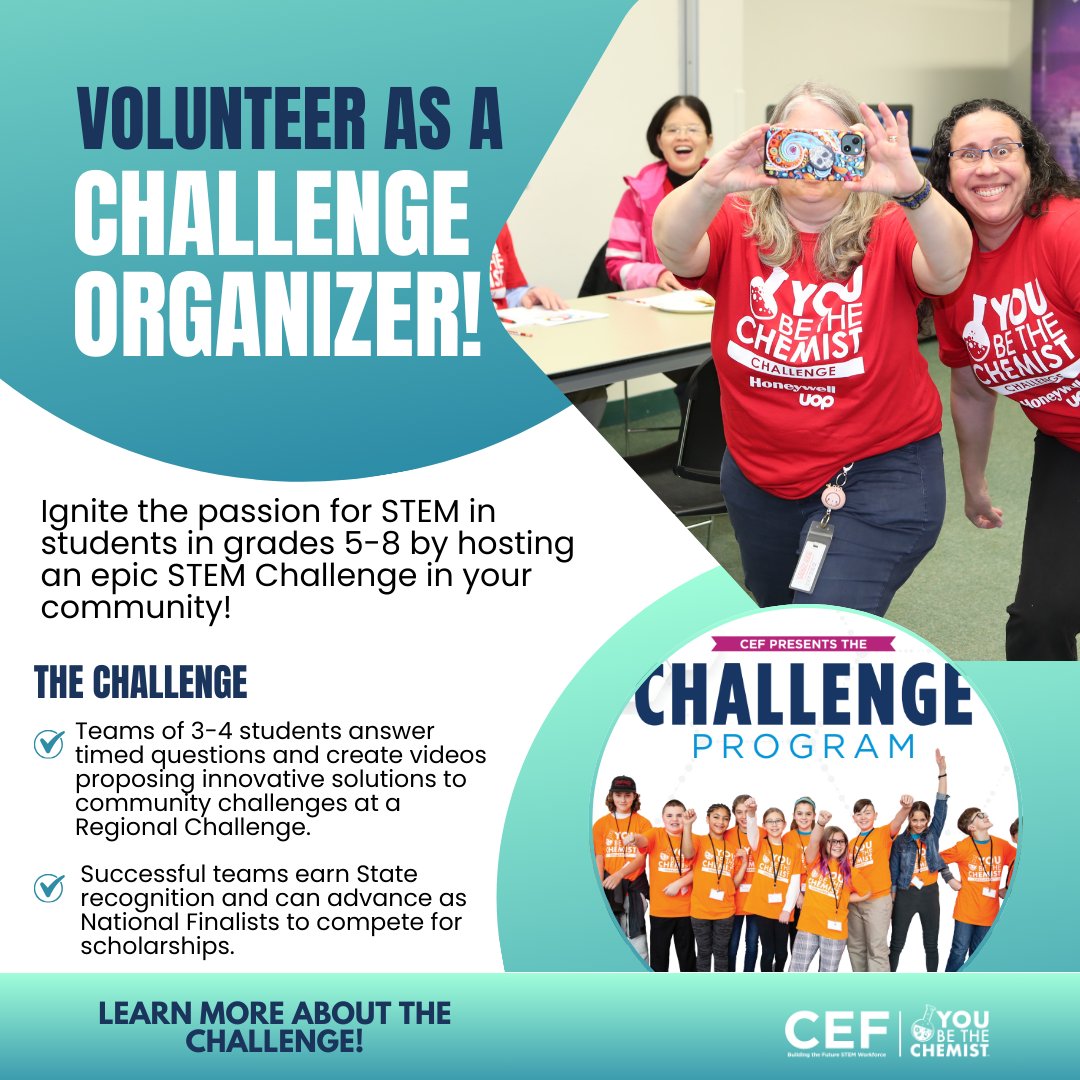 CEF (@chem_ed) on Twitter photo ๐ Make a lasting impact in #STEM education!ย Email: Challenge@chemed.org๐
We're looking for dedicated individuals to become Organizers for the Challenge.
#CEFChallenge #Sustainability #MoreThanChemistry #FutureWorkForce #philanthropy #CSR #YouBeTheSolution ๐ Make a lasting impact in #STEM education!ย Email: Challenge@chemed.org๐
We're looking for dedicated individuals to become Organizers for the Challenge.
#CEFChallenge #Sustainability #MoreThanChemistry #FutureWorkForce #philanthropy #CSR #YouBeTheSolution
