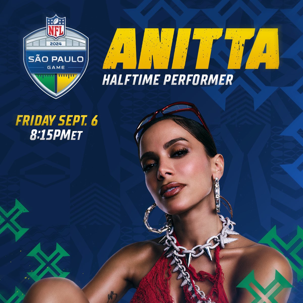 tmdqa's tweet photo. A NFL acaba de anunciar que Anitta será responsável pelo show do intervalo no jogo em São Paulo, no dia 06/09.

A apresentação do hino nacional brasileiro ficará por conta de Luísa Sonza! https://t.co/55V4cgOEE2