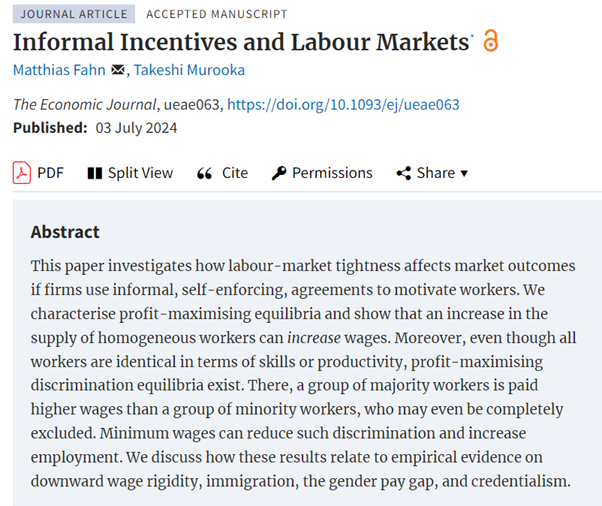 EJ_RES's tweet photo. Forthcoming in EJ: ‘Informal Incentives and Labour Markets’ by Matthias Fahn, Takeshi Murooka https://t.co/OIN0cbuCF8 @FahnMatthias @RoyalEconSoc @OUPEconomics #EconTwitter https://t.co/dlQfq8NmwE