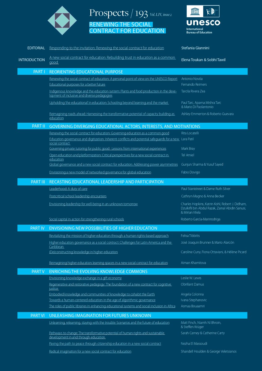 Rita Locatelli (@locatellirita) on Twitter photo Thrilled to be a part of this writing project with excellent colleagues exploring how to renew the social contract for education.
Special thanks and congratulations to Guest Editors Sobhi Tawil & Elena Toukan @elenatoukan, and to Prospects Executive Editor Simona Popa <a href="/simo_popa/">Simona Popa</a> Thrilled to be a part of this writing project with excellent colleagues exploring how to renew the social contract for education.
Special thanks and congratulations to Guest Editors Sobhi Tawil & Elena Toukan @elenatoukan, and to Prospects Executive Editor Simona Popa <a href="/simo_popa/">Simona Popa</a>