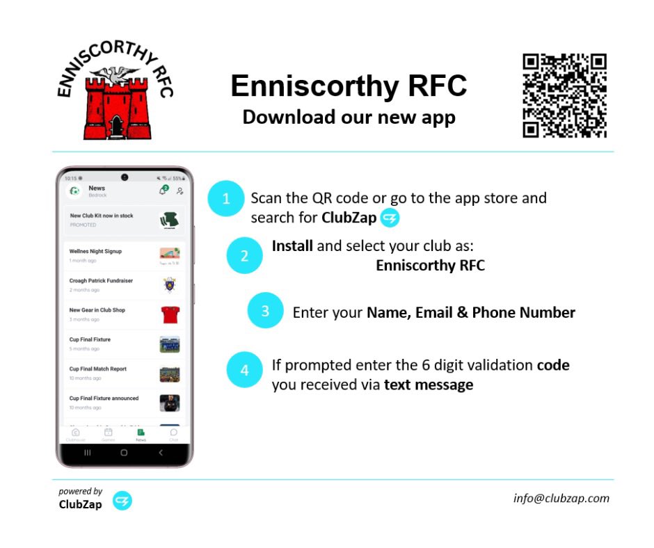 ScorthyRugby's tweet photo. Enniscorthy RFC has joined Clubzap. An app that will provide the most up to date news, fixtures and results. Clupzap is available on all app stores to download. The Newsletter and all internal communications that currently take place on Whatsapp groups are moving to Clubzap. https://t.co/mgTXWyEn97