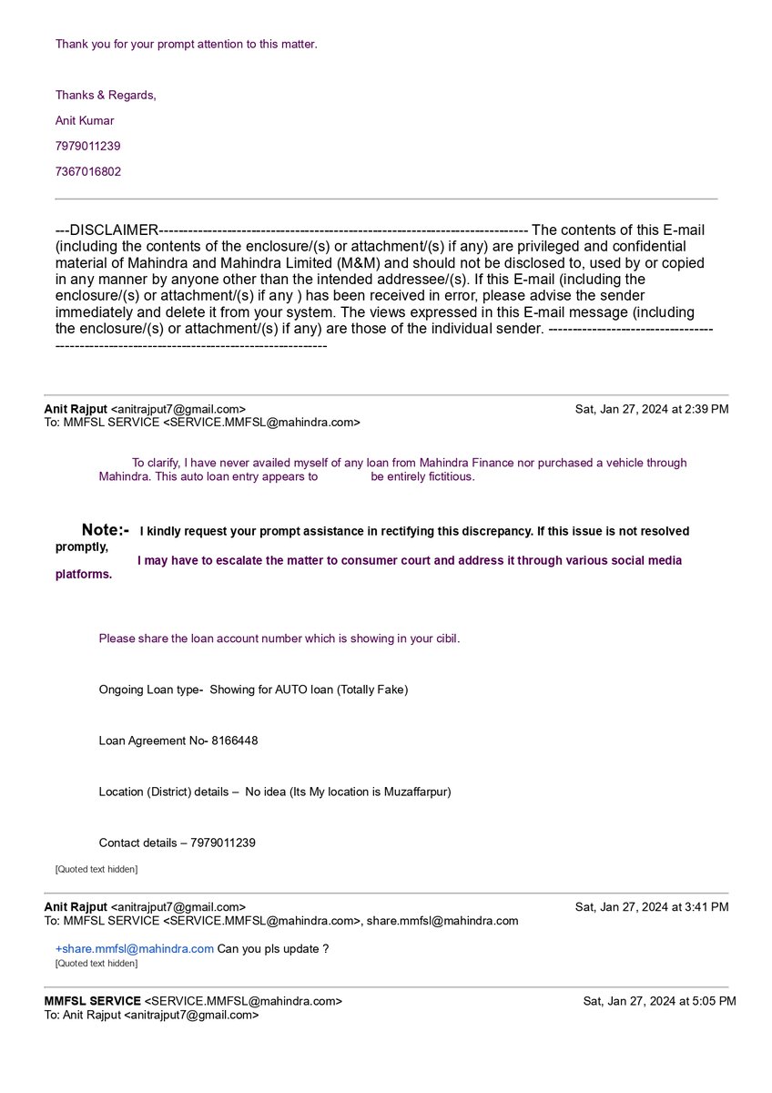AnitRajput7's tweet image. @anandmahindra sir @MahindraRise @MahindraFin  Wrong loan listing on my CIBIL report! Never bought a car or taken loan from Mahindra, yet report shows outstanding loan. Emailed earlier, no response. Please help! CIBIL score dropping unfairly. #CIBILissue #MahindraFinance 
8166448
