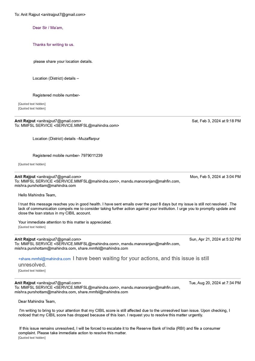 AnitRajput7's tweet image. @anandmahindra sir @MahindraRise @MahindraFin  Wrong loan listing on my CIBIL report! Never bought a car or taken loan from Mahindra, yet report shows outstanding loan. Emailed earlier, no response. Please help! CIBIL score dropping unfairly. #CIBILissue #MahindraFinance 
8166448
