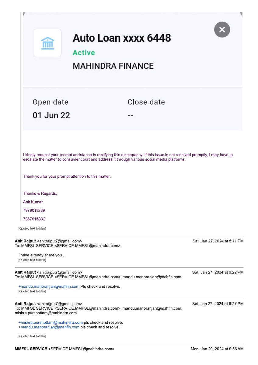 AnitRajput7's tweet image. @anandmahindra sir @MahindraRise @MahindraFin  Wrong loan listing on my CIBIL report! Never bought a car or taken loan from Mahindra, yet report shows outstanding loan. Emailed earlier, no response. Please help! CIBIL score dropping unfairly. #CIBILissue #MahindraFinance 
8166448