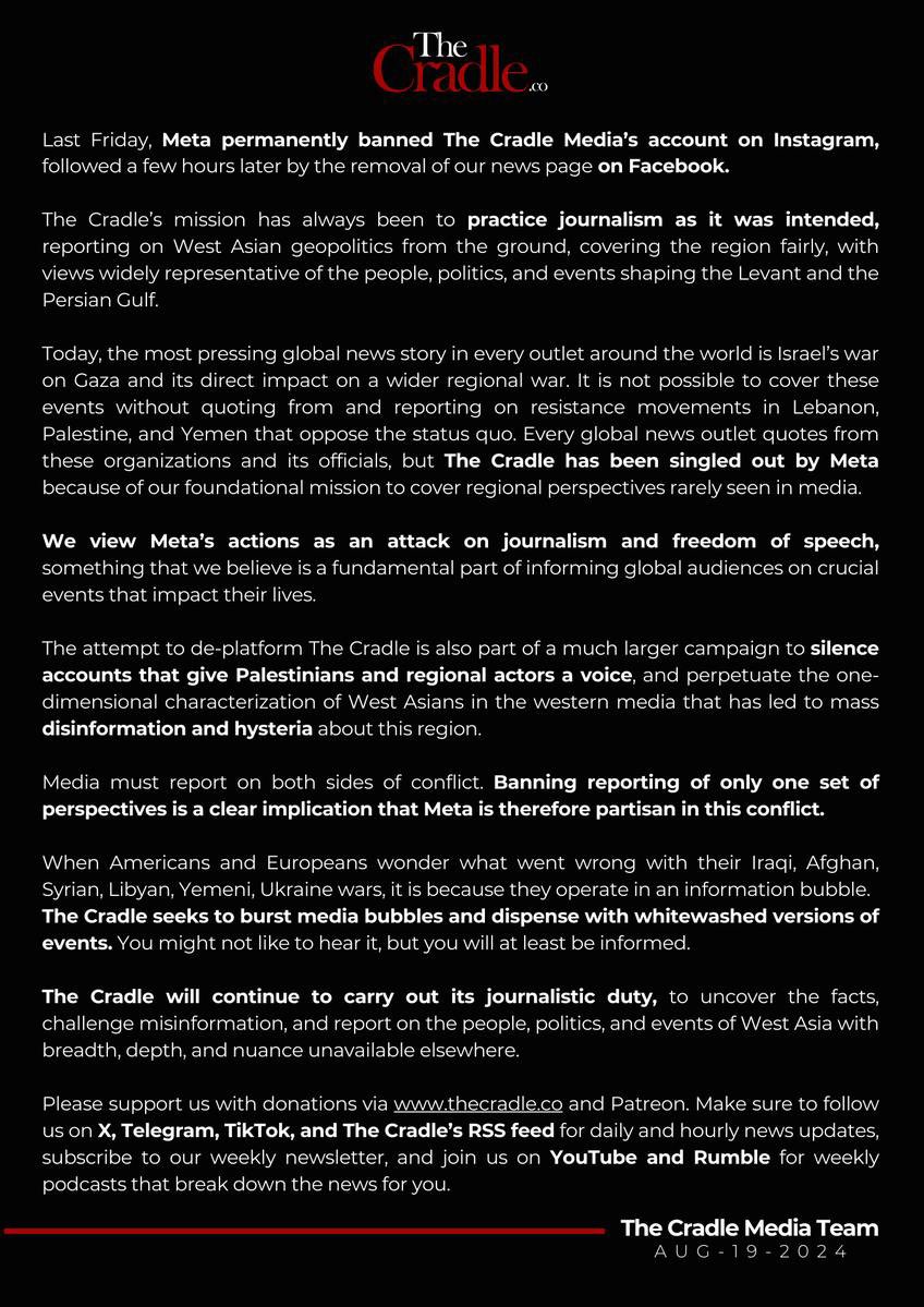 eTheurgy's tweet photo. ✡️| Meta banned The Cradle from Instagram and Facebook due to pressure from Zionist lobbies.
💰The censorship against journalists and media channels that share different views continues, while Instagram tolerates softcore pornographic content for users as young as 13 but is intolerant of condemning genocides.
