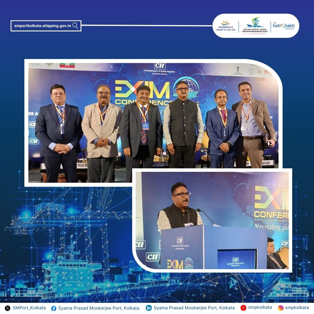 SMPort_Kolkata's tweet photo. On August 20, 2024, at the @FollowCII Eastern Region EXIM Conference, Shri R. Raman, Chairperson, @SMPort_Kolkata, highlighted SMPK’s key role in #WestBengal’s #EXIMGrowth and emphasized making the port a top hub for #NortheastCargo, using #IBPRoutes & boosting connectivity. https://t.co/I31JXiTYJR