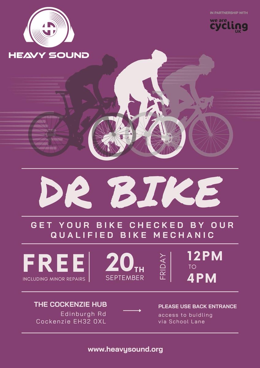 Heavy Sound (@heavysoundcic) on Twitter photo Dr Bike <a href="/heavysoundCIC/">Heavy Sound</a> - free bike checks at Cockenzie Hub. 20 Sept 12-4. Please share ❤️ Dr Bike <a href="/heavysoundCIC/">Heavy Sound</a> - free bike checks at Cockenzie Hub. 20 Sept 12-4. Please share ❤️
