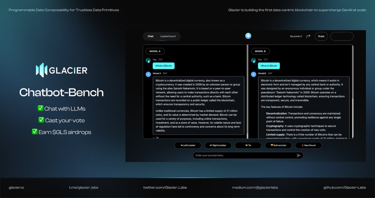 Glacier_Labs's tweet photo. 🧊Why Glacier Chatbot-Bench?

We're building a benchmark to evaluate the performance of large language models (LLMs) on #BNBGreenfield, powered by @BNBCHAIN

🤖A verifiable and trustless data layer, supercharging the #AI industry. https://t.co/IIldH9HpUU