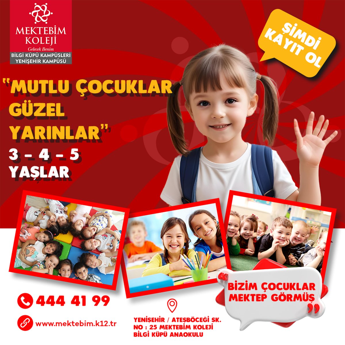 🎒 *Mektebim Koleji Bilgi Küpü Kampüsleri Yenişehir Anaokulu'na Kayıtlar Devam Ediyor!* 🌟
Çocuklarınızın en değerli anlarını sevgi dolu bir ortamda, oyun ve keşif dolu bir eğitimle taçlandırın! **İngilizce dil eğitimlerimizle geleceğe donanımlı adımlar atın. 

#mektebimkoleji