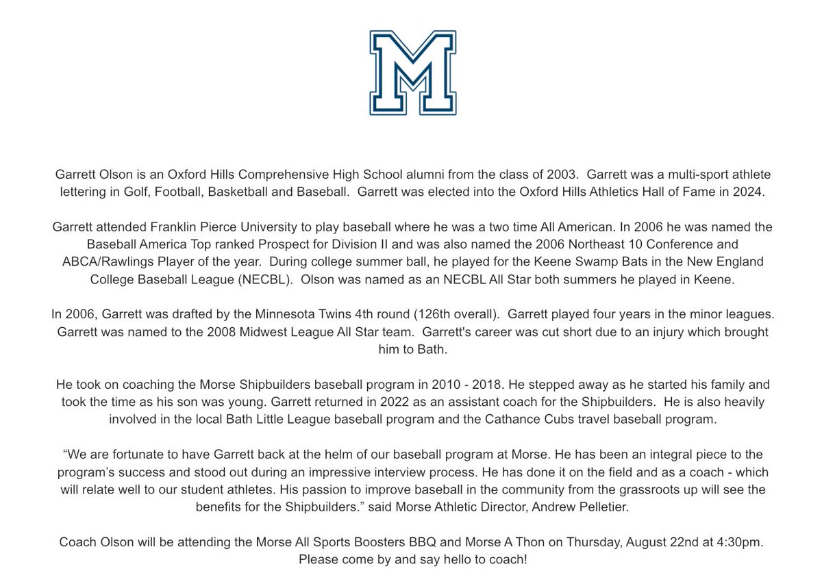 BREAKING NEWS: Morse High School is excited to announce that Garrett Olson has been named the Varsity Baseball Coach! ⚾️

Please read more in the press release attached!

#GoShipbuilders🔵⚪️