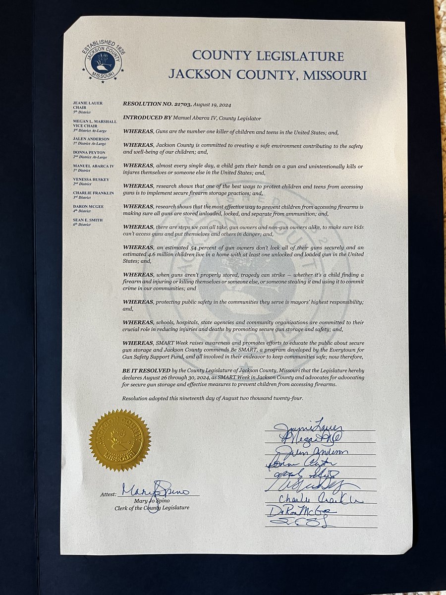 TaraBinKC's tweet photo. Thank you to Jackson County Legislator
@MannyAbarcaIV for sponsoring a SMART Week Resolution proclaiming August 26-30 as SMART Week 2024, recognizing the importance of securely storing firearms to keep them out of the hands of children
@MomsDemand
#besmartforkids
@Everytown https://t.co/kyQMujL4hn