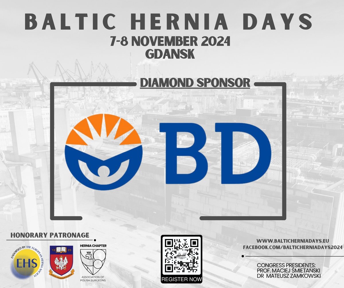 dr_zamek's tweet photo. We are honored and delighted to announce that @BDandCo has become the Diamond Sponsor of Baltic Hernia Days. The results of this will be showcased on November 7-8 at the European Solidarity Centre in Gdansk.  #ehsendorsed #bhd2024 #balticherniadays #kongres @eurohernias https://t.co/eJQ3mdkY4n