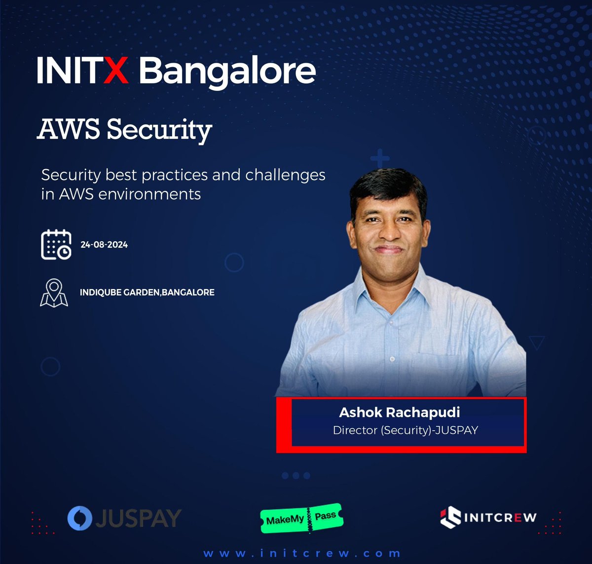 Unveiling our speakers for INITX Bangalore! We're excited to announce that Ashok Rachapudi, Director of Security at Juspay, will be joining us. He will be delivering an insightful talk on AWS Security.