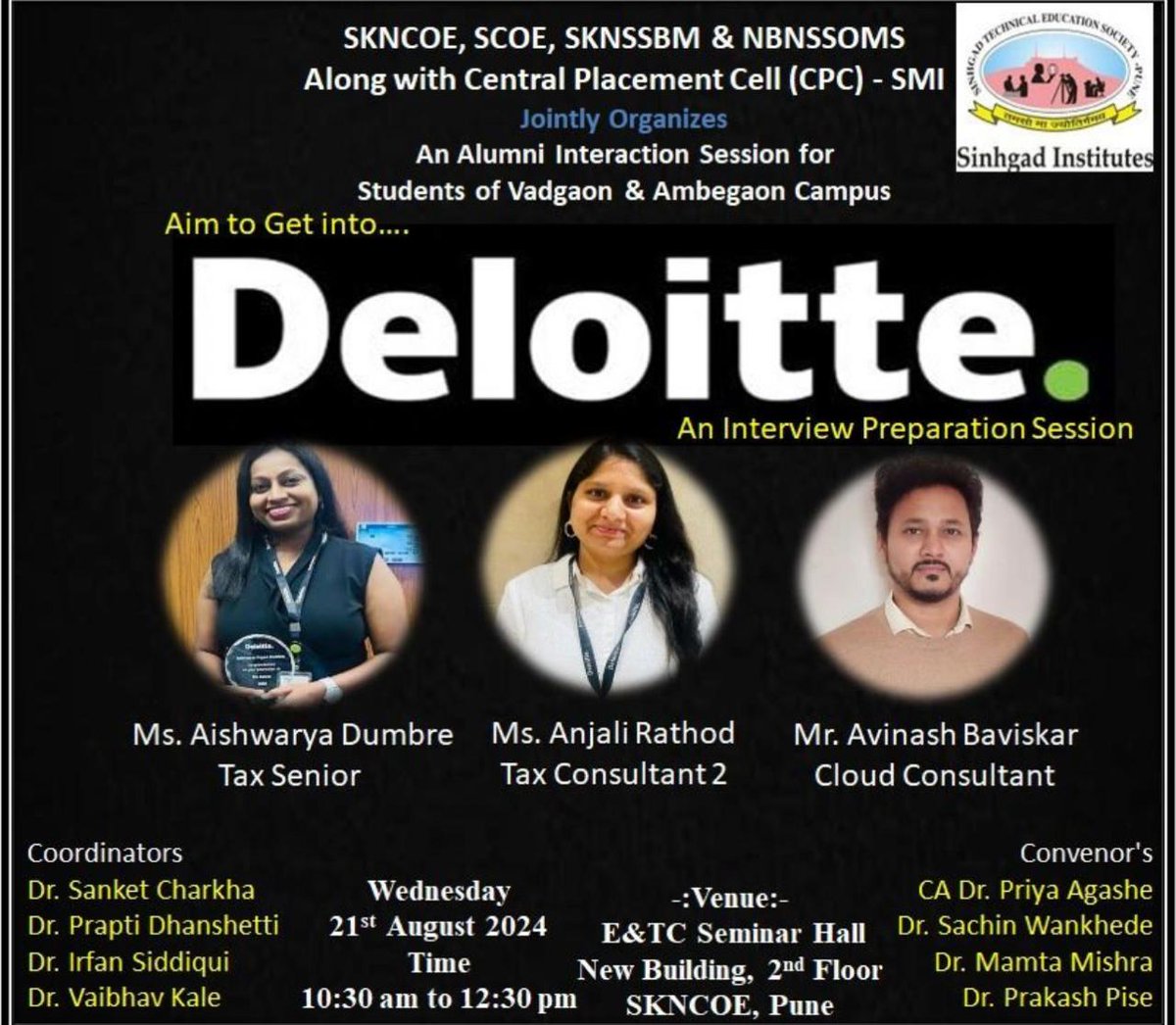 PuneScoe's tweet photo. 🎓 Alumni session for MBA  '23-'25! 🗣️ Prepping for Deloitte placements with expert tips from our  alumni. 💼 #Deloitte #MBA #SinhgadInstitutes #CareerPrep https://t.co/ym8jrhbTi9