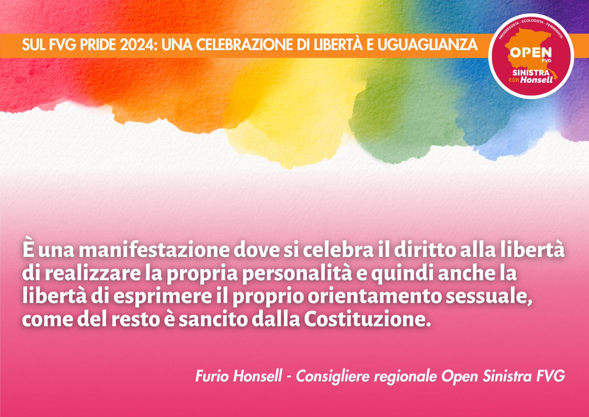 furio_honsell's tweet photo. Deluso dal mancato patrocinio del Comune al FVG Pride: da Sindaco di #Udine nel 2017, fui orgoglioso di sostenere questa manifestazione che celebra libertà, uguaglianza e fratellanza. Il Pride è anche un atto politico che difende valori costituzionali. Viva il #FvgPride 2024! https://t.co/YUdA0OirOu