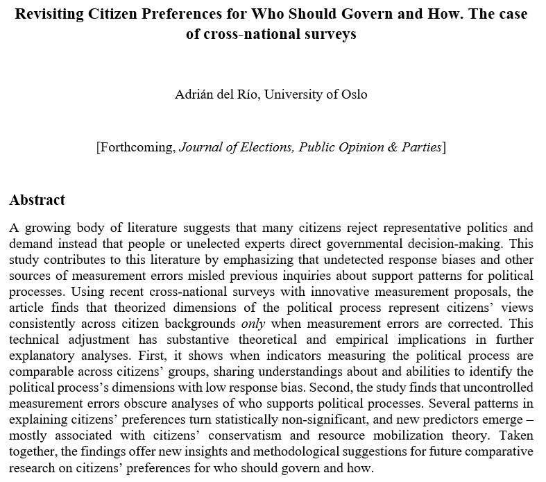 Finally I have the time to announce my article "revisiting citizen preferences for who should govern and how " was accepted in <a href="/journalEPOP/">JEPOP</a> !  It deals with topics like #democracy, #populism, #technocracy ,  and #response_bias.  
Contact me if you want to learn more about it! 🤓