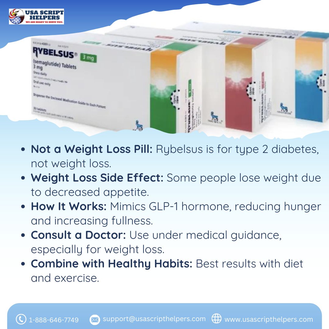 USAScriptHelper's tweet image. Curious about Rybelsus? It's designed to manage type 2 diabetes, but weight loss can be a side effect for some users. It’s not a weight loss pill—consult your doctor to see if it’s right for you! #rybelsus #rybelsusjourney #usascripthelpers #diabetesawareness #diabetes