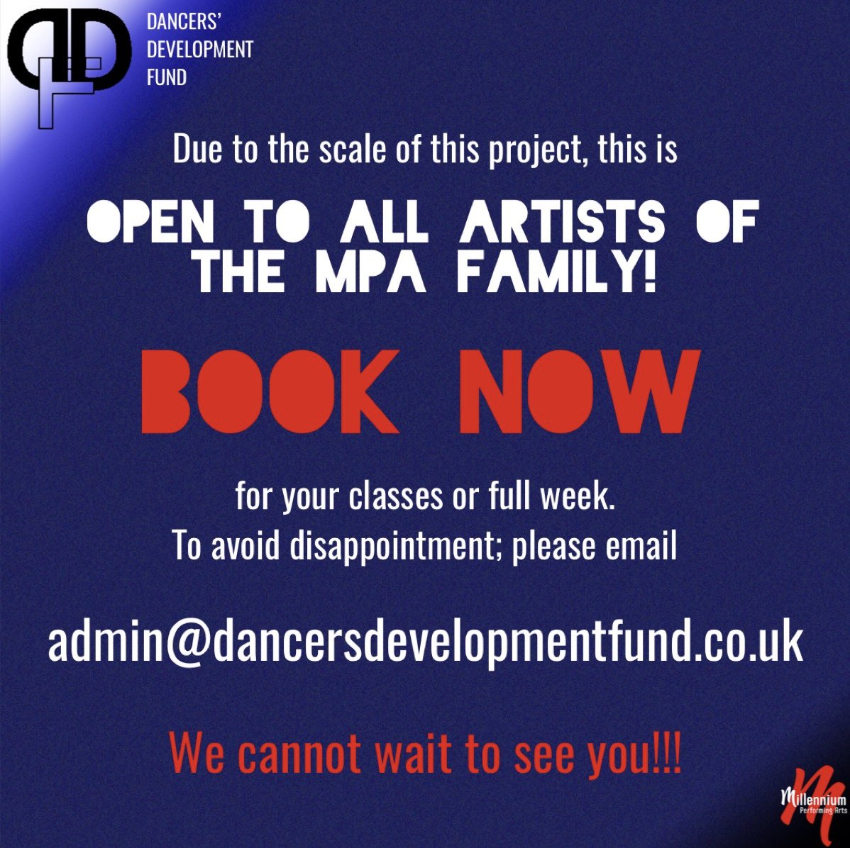Millennium Performing Arts (@mpacollege) on Twitter photo The Dancersβ Development Fund is proud to announce its stellar faculty for Pre-Term week
OPEN TO ALL ARTISTS OF THE MPA FAMILY past, present and incoming!
9th-13th September
Scroll fully to see the timetable!!!
To reserve your place; email
admin@dancersdevelopmentfund.co.uk The Dancersβ Development Fund is proud to announce its stellar faculty for Pre-Term week
OPEN TO ALL ARTISTS OF THE MPA FAMILY past, present and incoming!
9th-13th September
Scroll fully to see the timetable!!!
To reserve your place; email
admin@dancersdevelopmentfund.co.uk