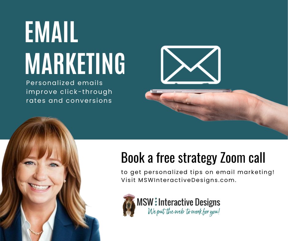 Email Marketing 
Personalized emails improve click-through rates and conversions. 
How personalized are your email campaigns?
Book a free strategy Zoom call with us to get personalized tips on email marketing! 
Visit MSWInteractiveDesigns.com.#EmailPersonalization #DigitalMarketing