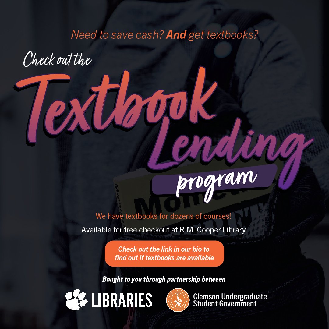 Need to save cash and get your textbooks? Before you buy or rent, check to see if your textbooks are available at R.M. Cooper Library for checkout! libraries.clemson.edu/borrow/textboo…