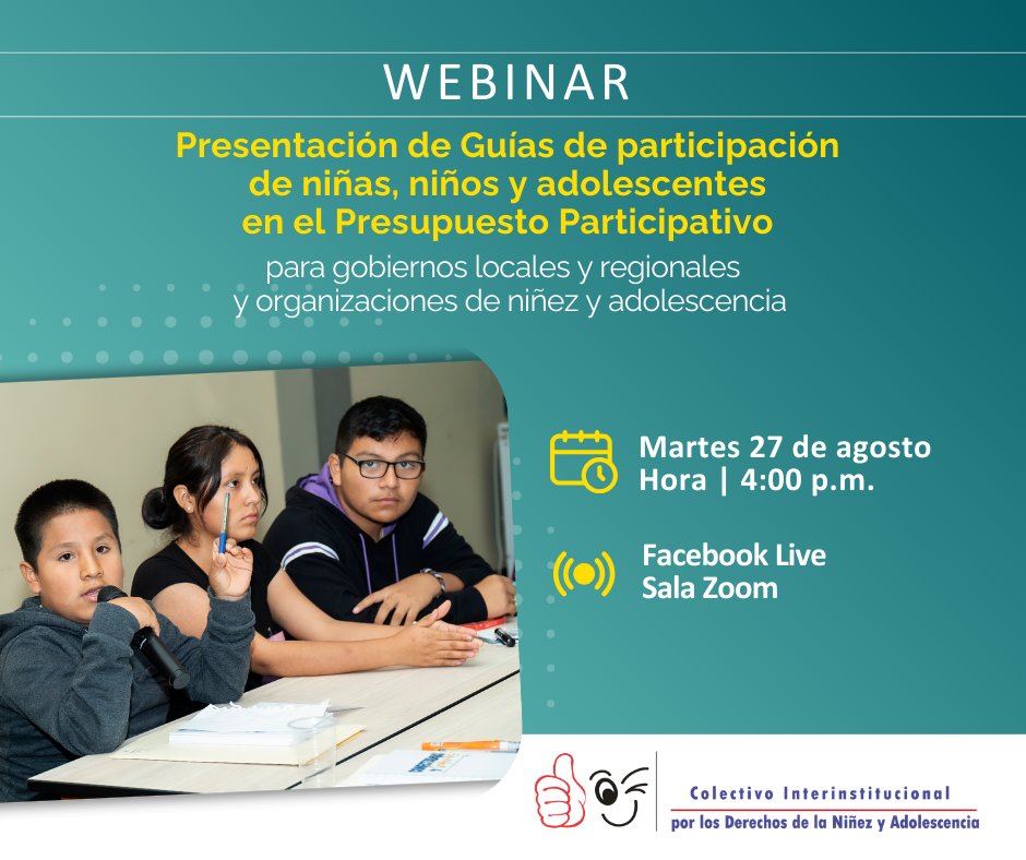 📌Participa del webinar de presentación de la Guía de Participación de las niñas, niños y adolescentes en el Presupuesto Participativo.
Conoce cómo la niñez y adolescencia participa de la toma de decisiones en sus respectivas comunidades.

🔵Facebook Live: bit.ly/43GGMEd